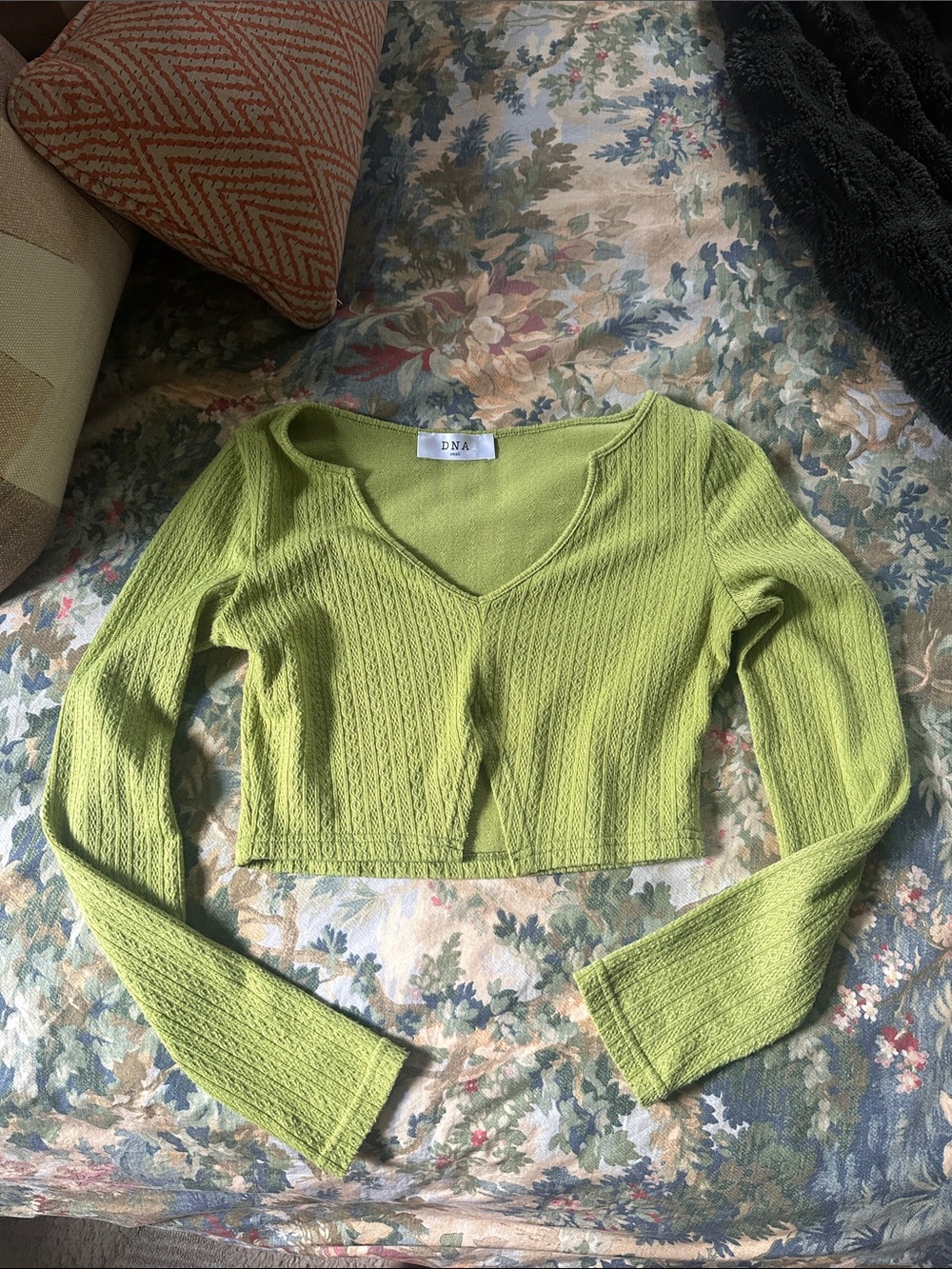 DNA couture Lime Green Ribbed V-Neck Cropped Long Sleeve Top
